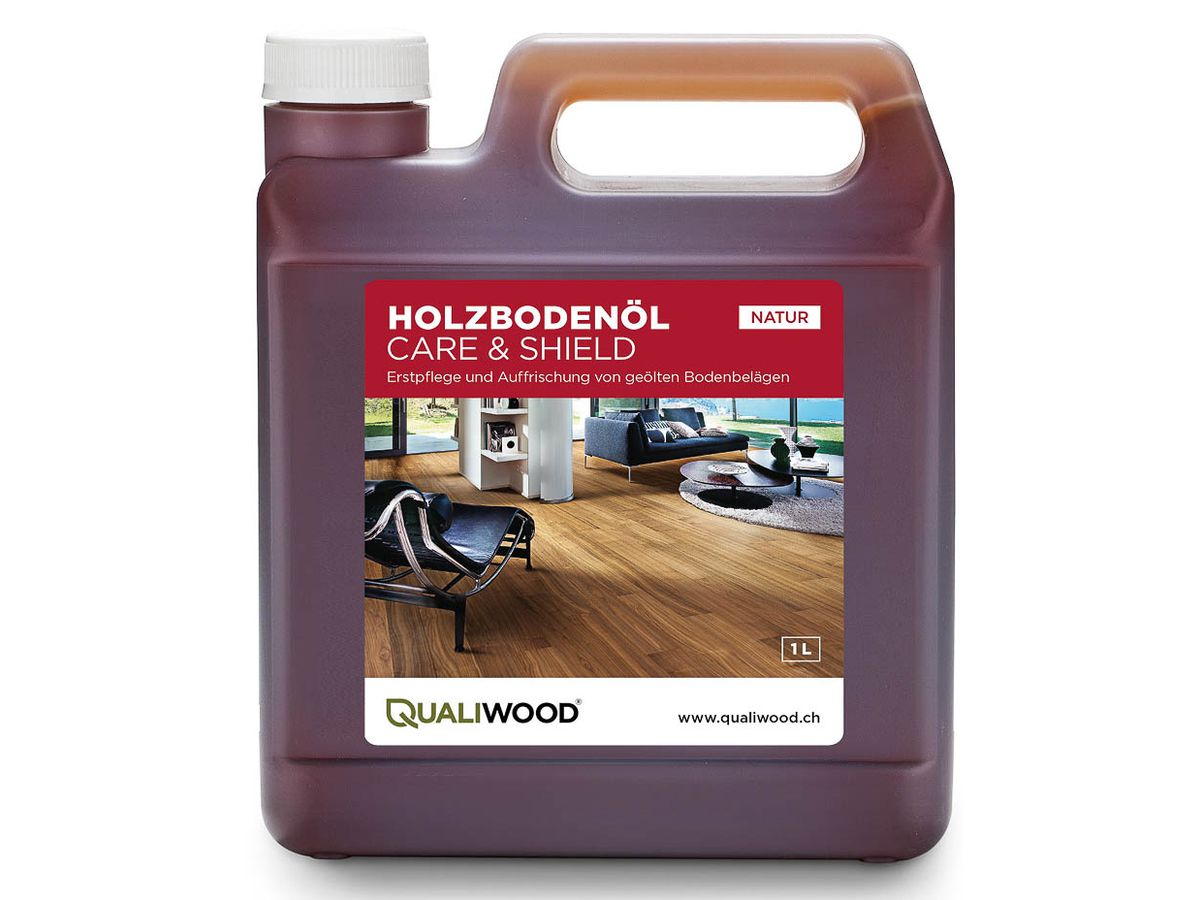 QUALIWOOD Holzbodenöl "Care & Shield" natur  zur Erstpflege und Renovierung von Holzoberflächen Verbr. 40-100 m2/l, Gebinde à 1 l
