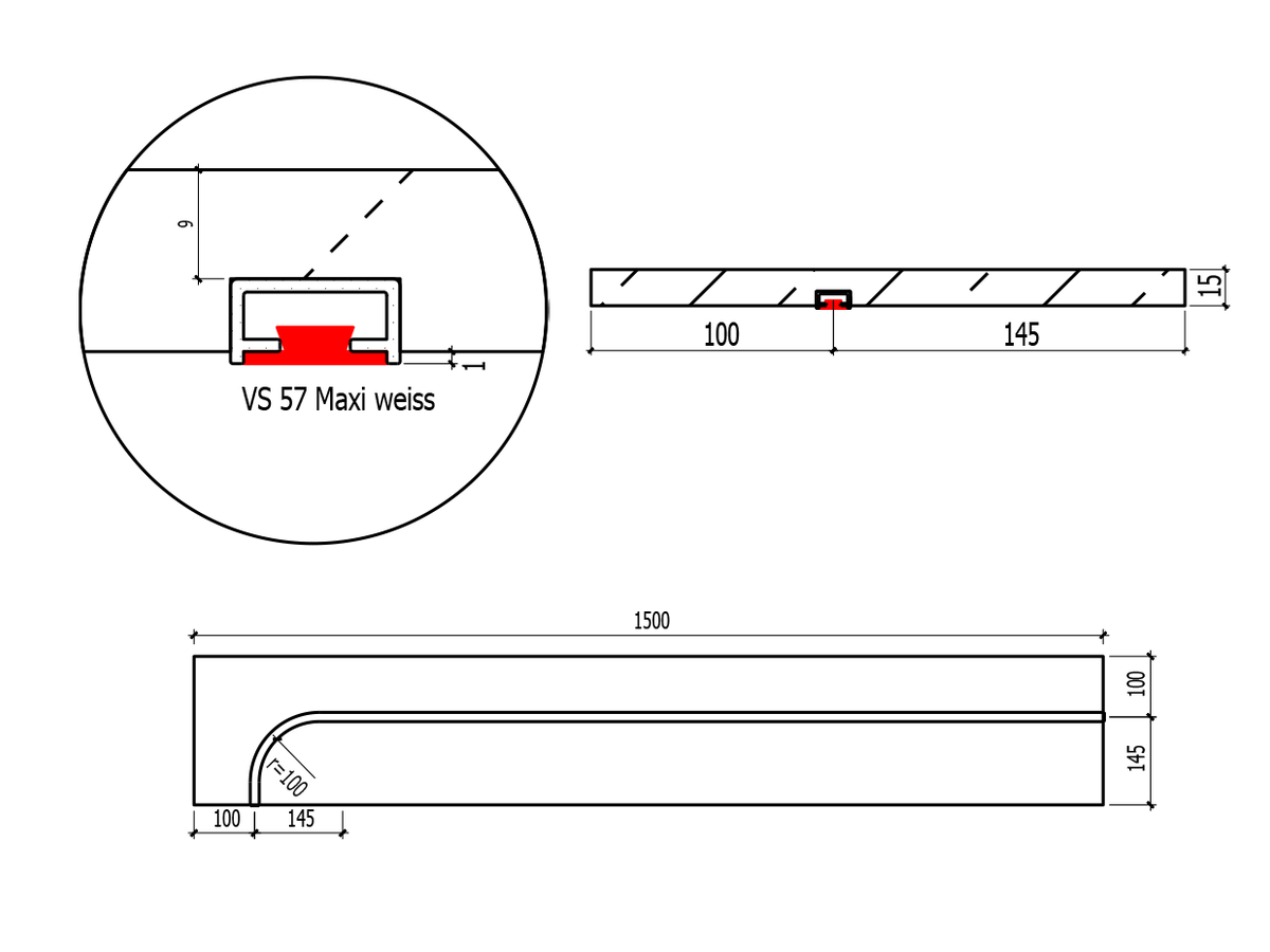 Vorhangeckelement Fermacell 1-Lauf links VS57 inkl. Abdeckband und Verbinder Bogen nach links