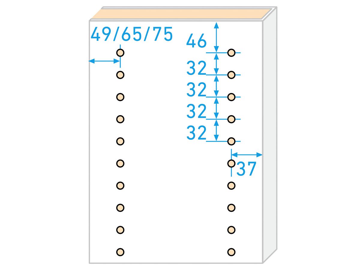 Schrankmitte Top 2001 K101 Frontweiss PE Perl SwissKrono eine Längskante belegt ABS 1.0mm beidseitig gebohrt D 5.0mm