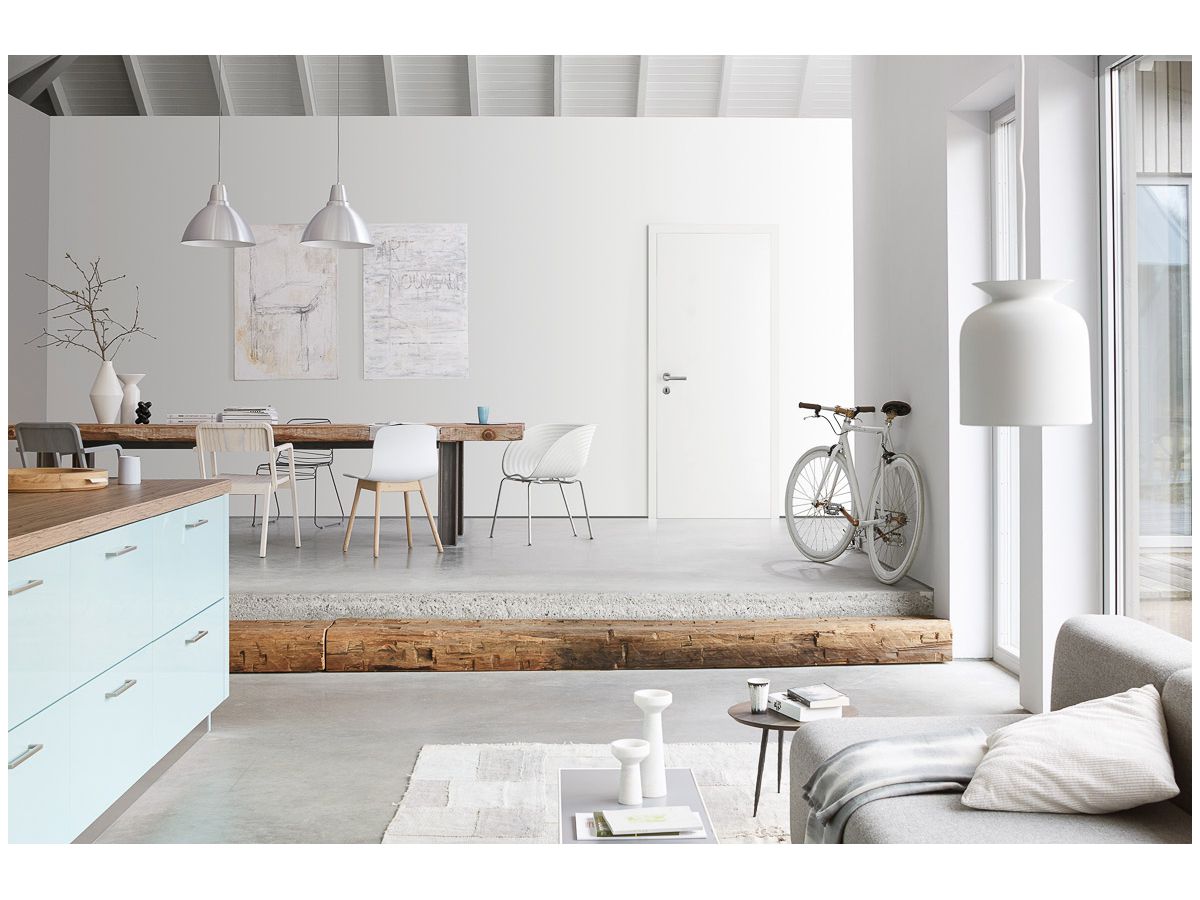 Schiebetüre mit JeldWen Optima 30 samtesche weiss DuriTop Röhrenspan mit Griffmuschel Planofix rund inkl. Bodennut