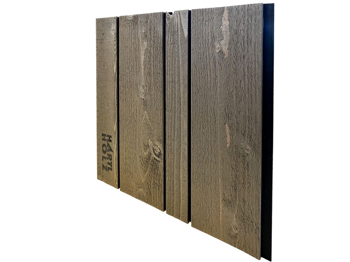 Fassade Schalung QUALIWOOD Fichte heimisch N1 Vario Kontrast Grau Sichtseite sägerauh Kanten gebrochen N+K Feder schwarz