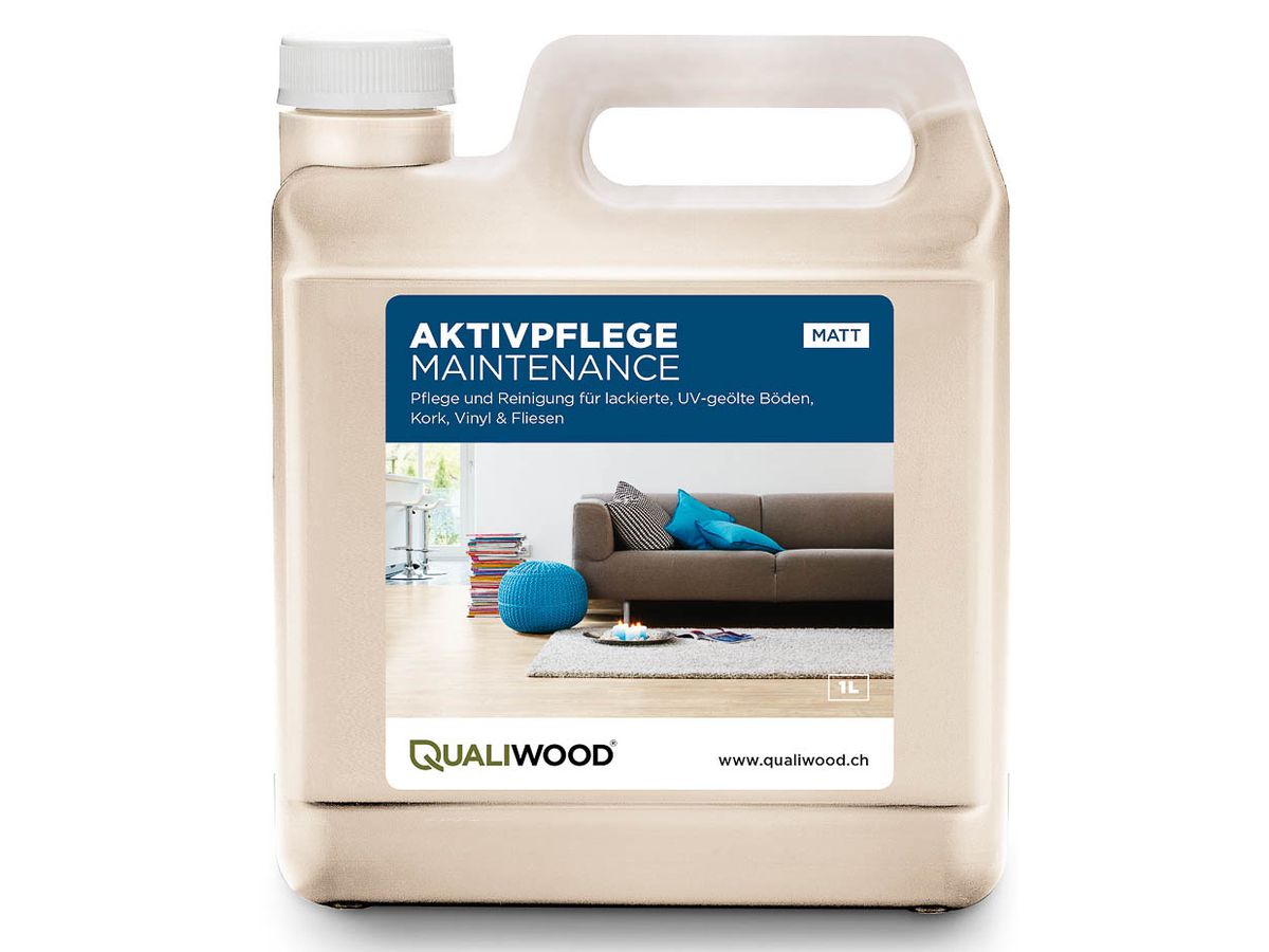 QUALIWOOD Aktivpflege "Maintenance"  Pflege u. Reinigung von lackierten Böden, Kork u. Vinyl  Verbr. 40-200 m2/l, Geb. à 1l