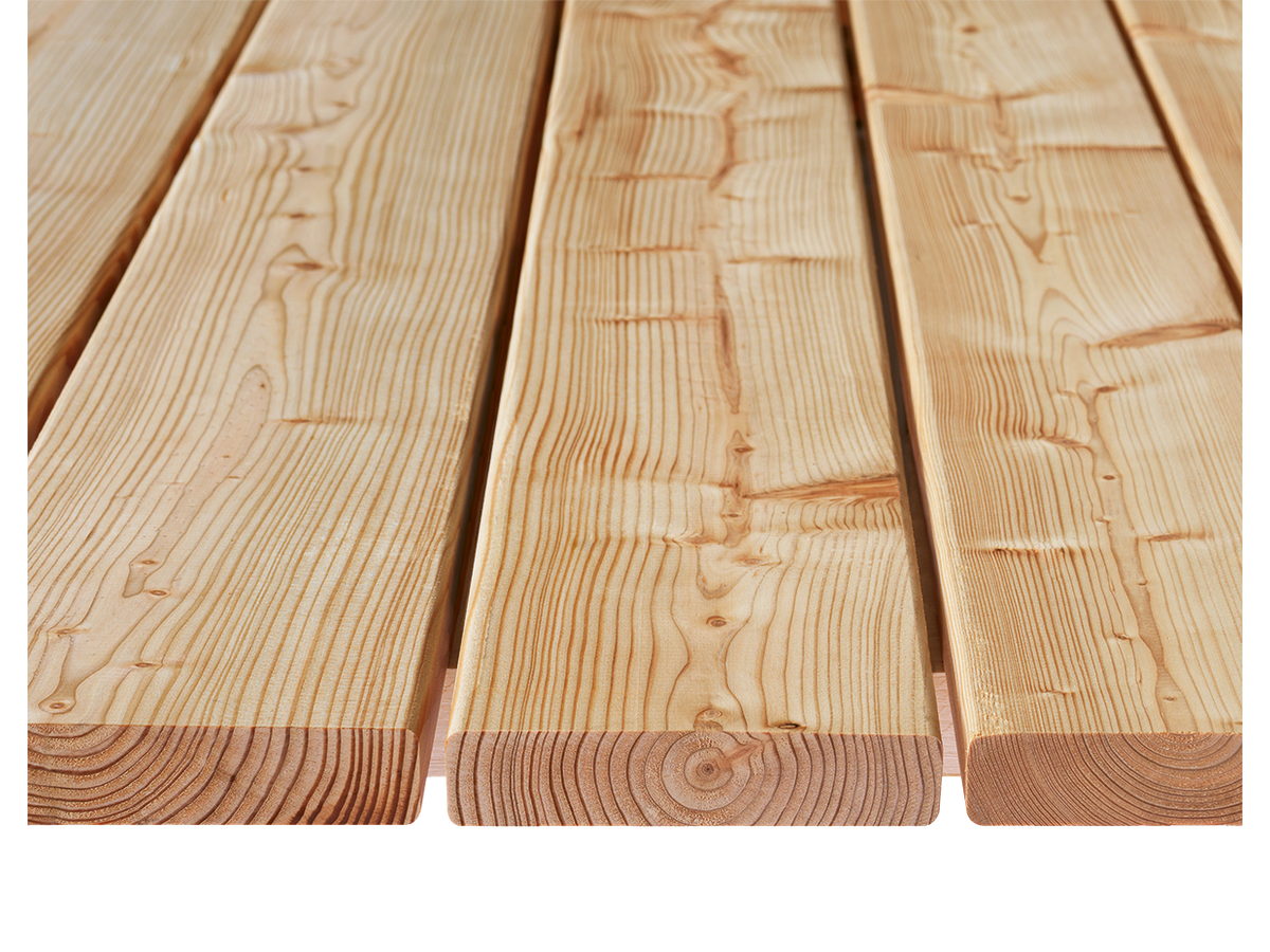 Terrassendiele Lärche europäisch N2 gehobelt Kanten gerundet verwachsenastig Sichtseite splintfrei